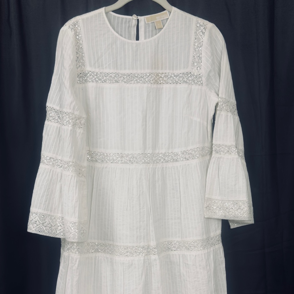 MICHAEL MICHAEL KORS White Corded Cotton & Sequined Lace Bell Sleeve Dress S NWT - Picture 6 of 13